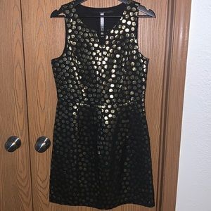 Kensie Black Gold Metallic Polka Dots Split Neck Dress